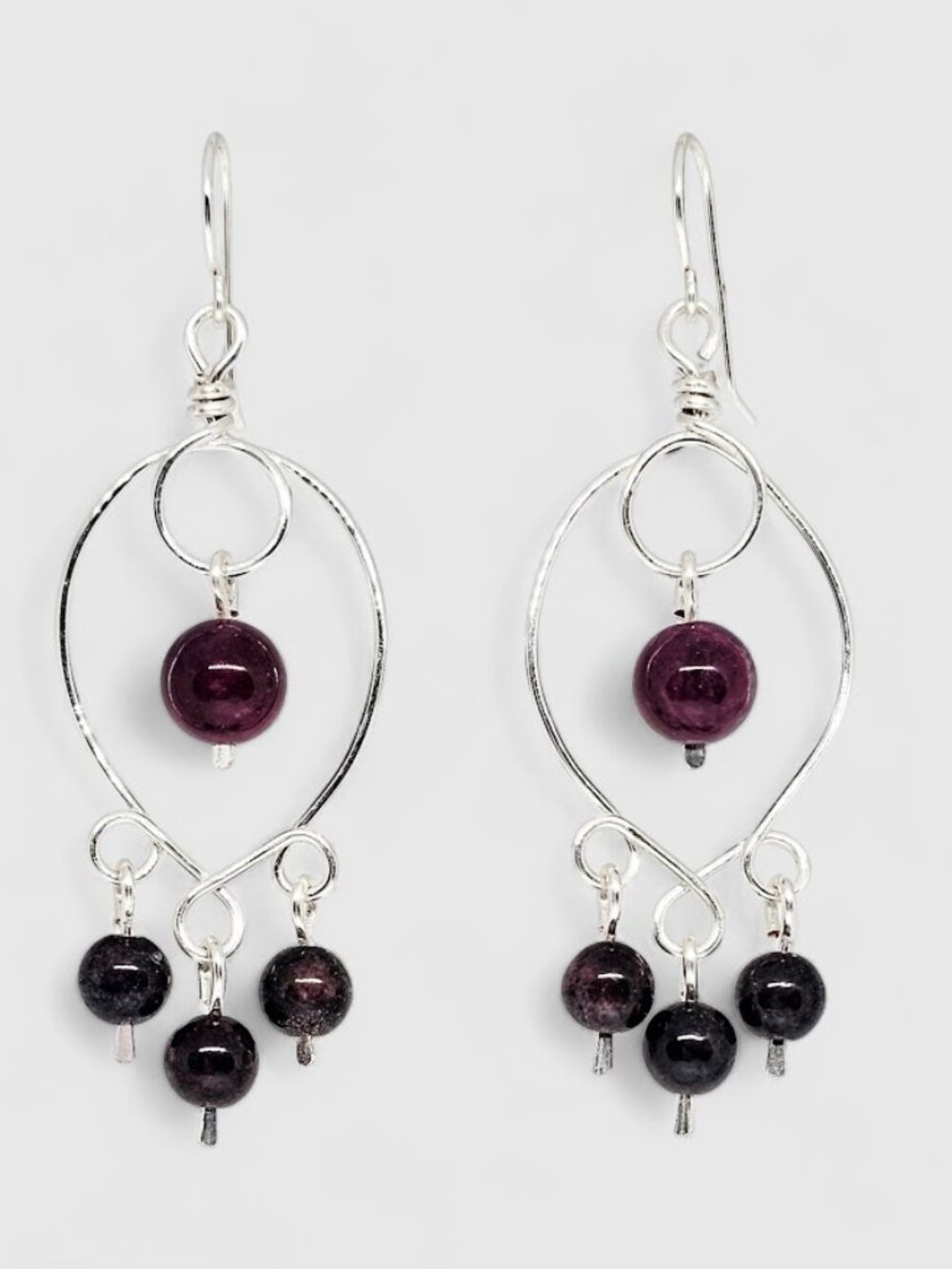 Dark Red Garnet Gemstone Beaded Dangle Earrings Silver Tone Handmade Boho